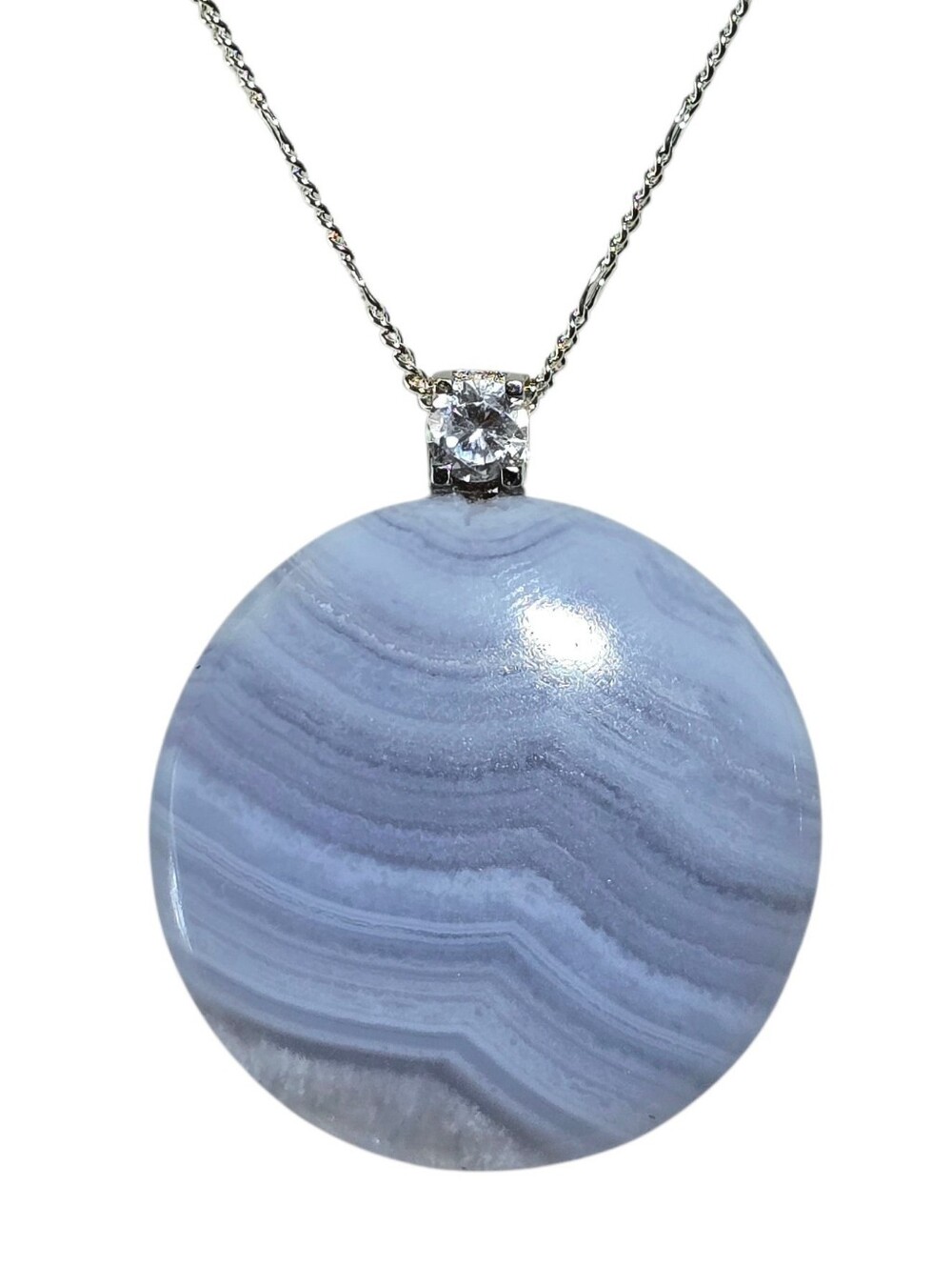 Blue Lace Agate Round Pendant 925 Sterling Silver CZ Bail + 18" White Gold Chain